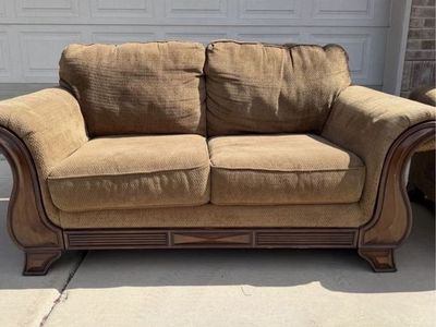 Brown Fabric Loveseat and Sofa Set with Wooden Trim
