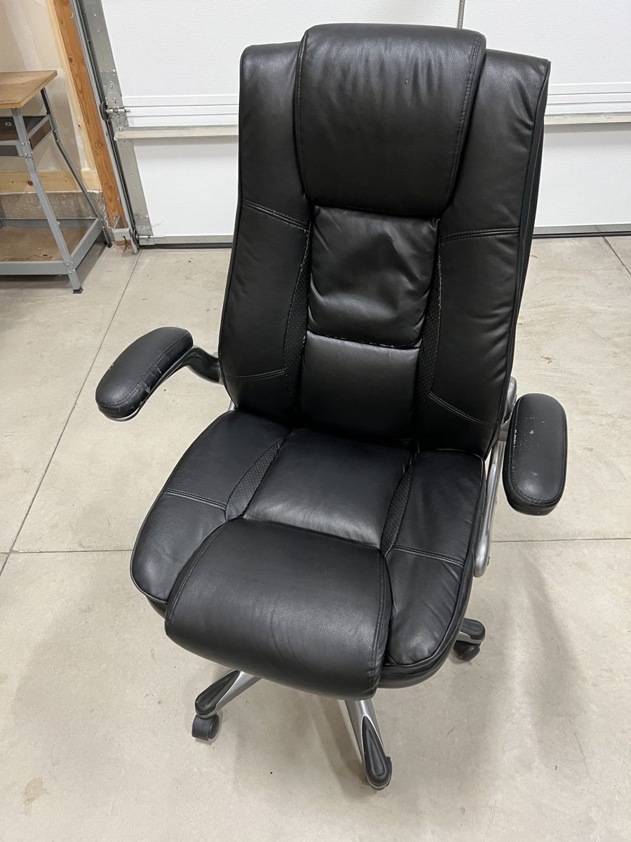 Black Office Chair High Back Leather Flip-up Arms, Adjustable height.