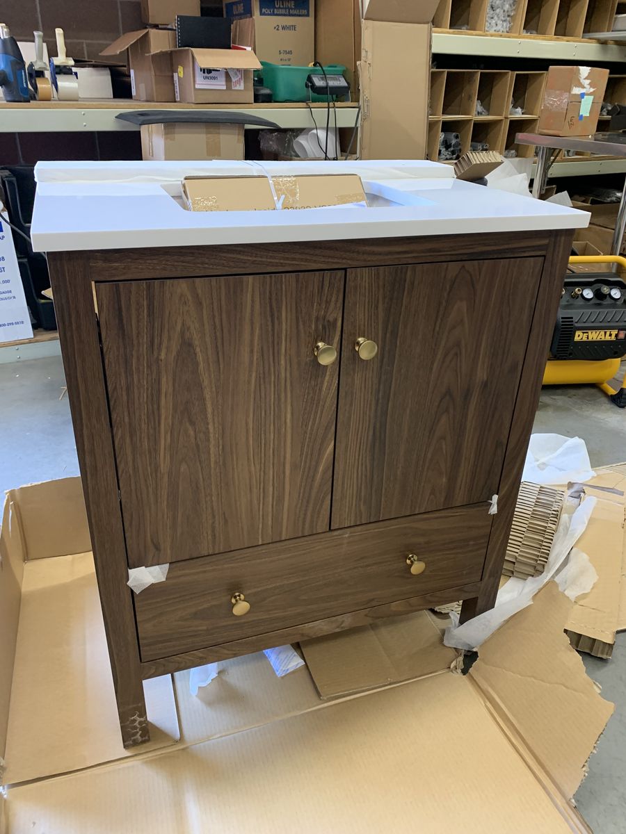 Glacier Bay Rory 30 in. Single Sink Freestanding Bathroom Vanity in Walnut with White Engineered Marble Top