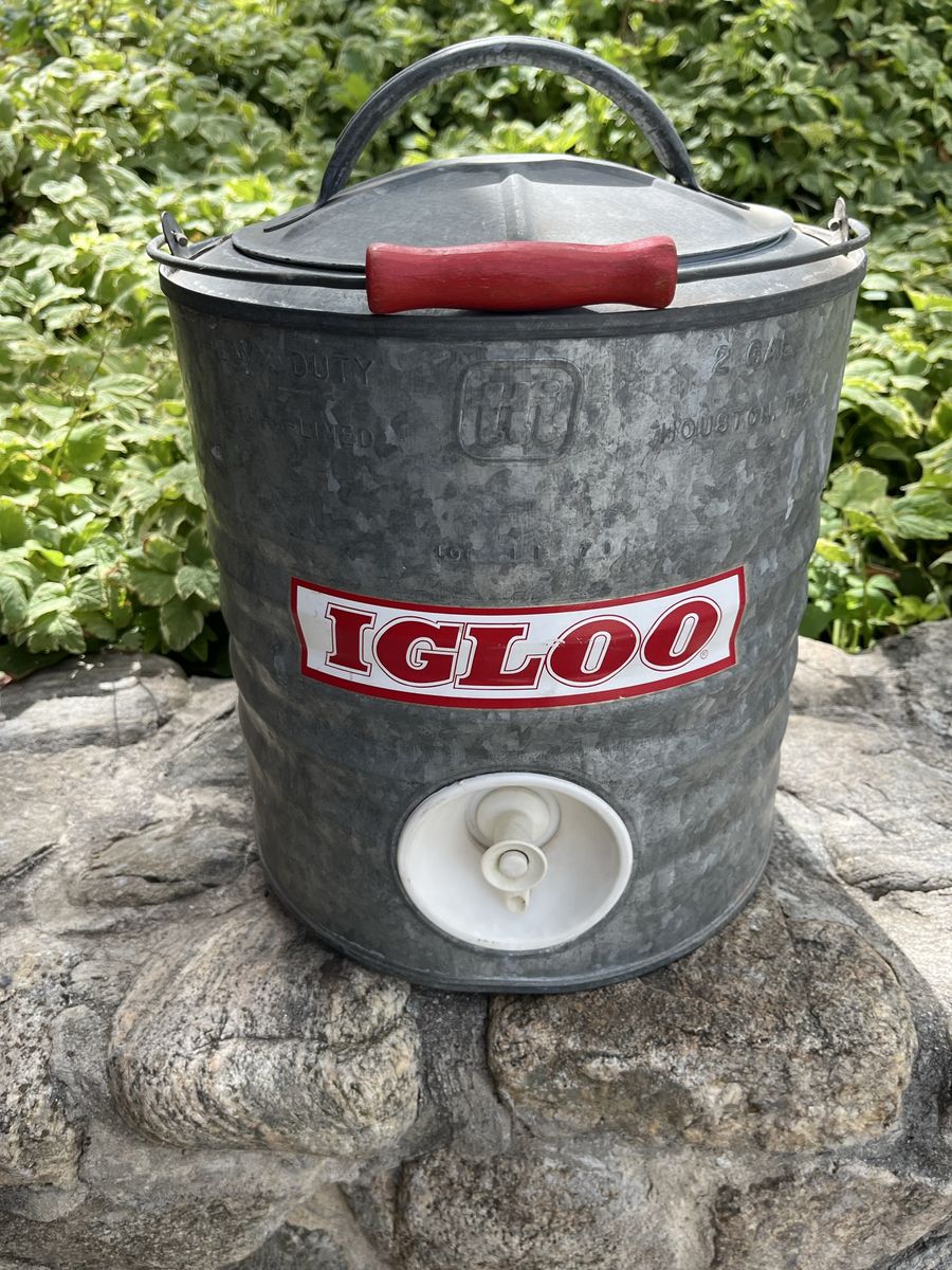 Vintage Igloo 2 Gallon Galvanized Metal Water Cooler Dispenser with Red Handle