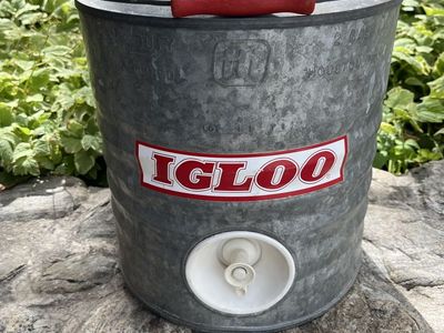 Vintage Igloo 2 Gallon Galvanized Metal Water Cooler Dispenser with Red Handle