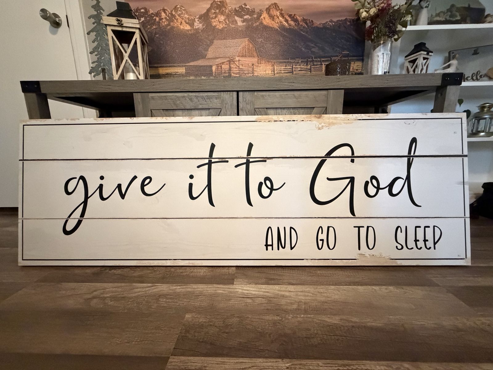 Large Farmhouse Wood Canvas Wall Art: "Give it to God and Go to Sleep" 20x60 in Excellent Condition