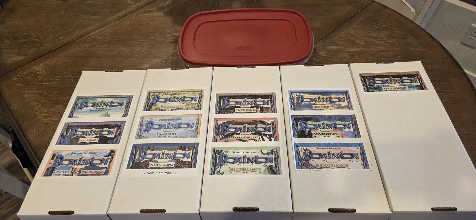 Dominion Game and 12 Expansions With Sleeved Cards & tabbed organizers