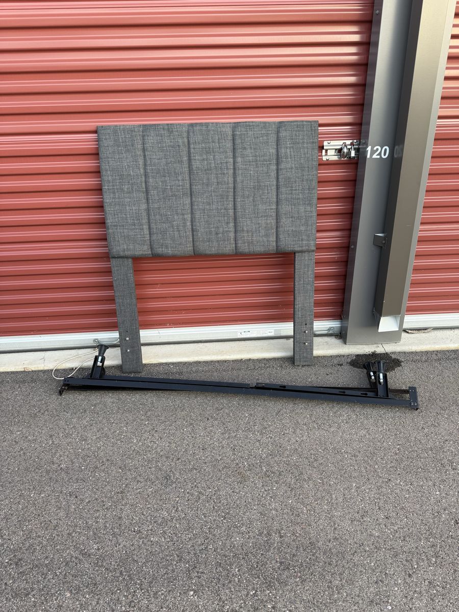 Grey Upholstered Panel Headboard with Metal Bed Frame, Twin.