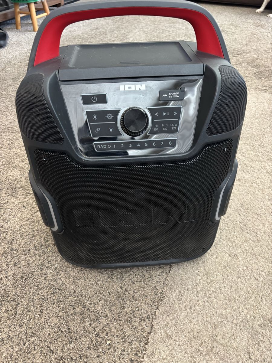 ION Pathfinder Go Portable Bluetooth Speaker with Radio & USB Charging, Black/Red, Used