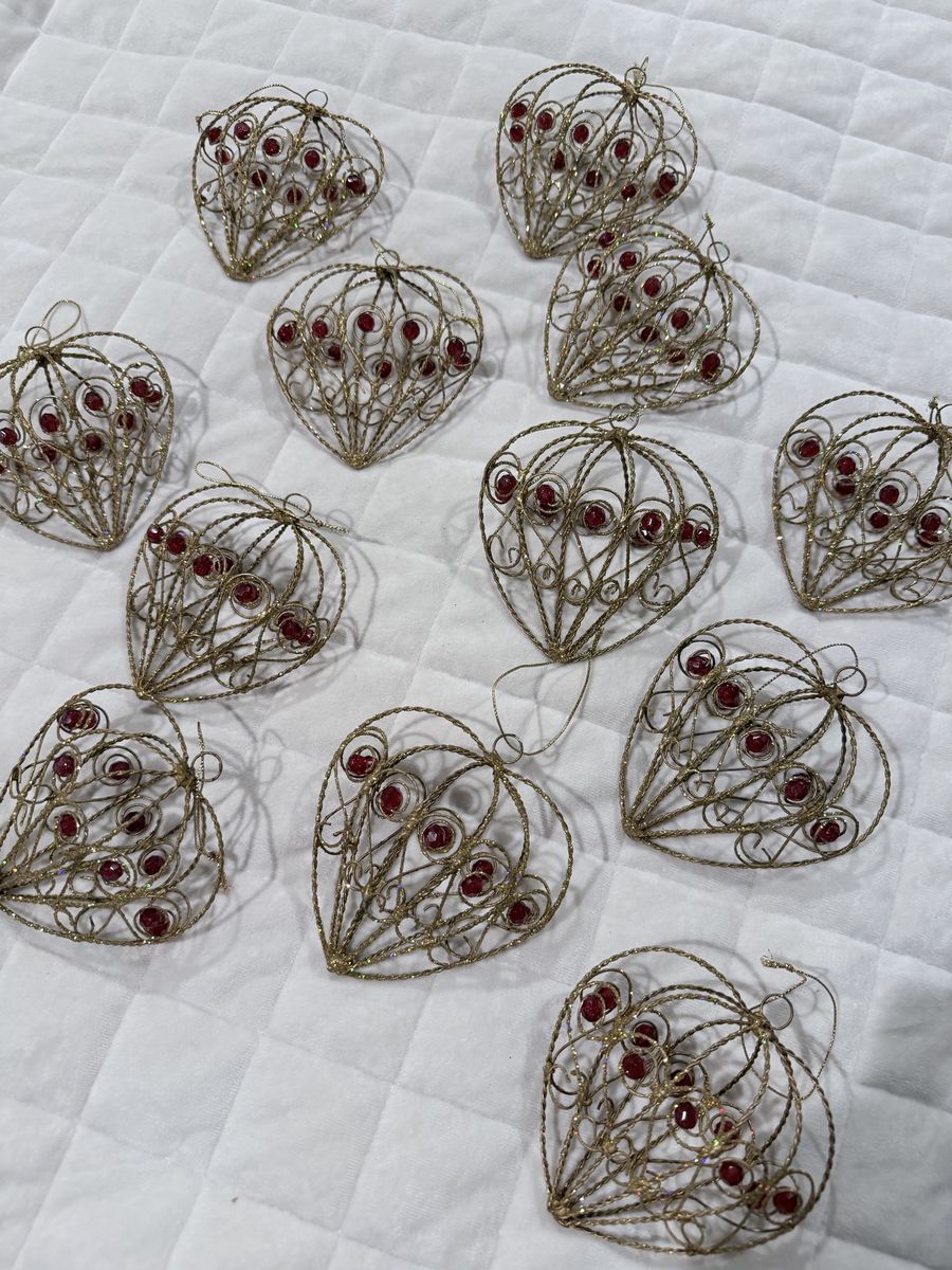 Set of 12 Gold Wire and Red Bead Heart Shaped Christmas Ornaments