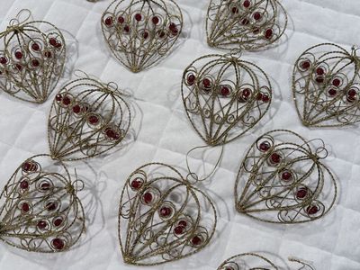 Set of 12 Gold Wire and Red Bead Heart Shaped Christmas Ornaments