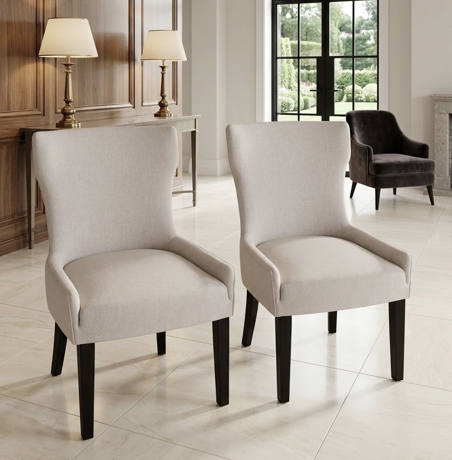 Set of 2 Upholstered Dining Chairs in Light Gray Fabric with Dark Wood Legs never used