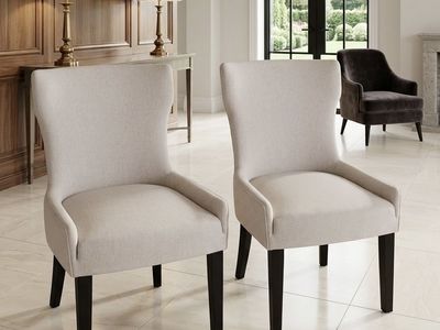 Set of 2 Upholstered Dining Chairs in Light Gray Fabric with Dark Wood Legs never used