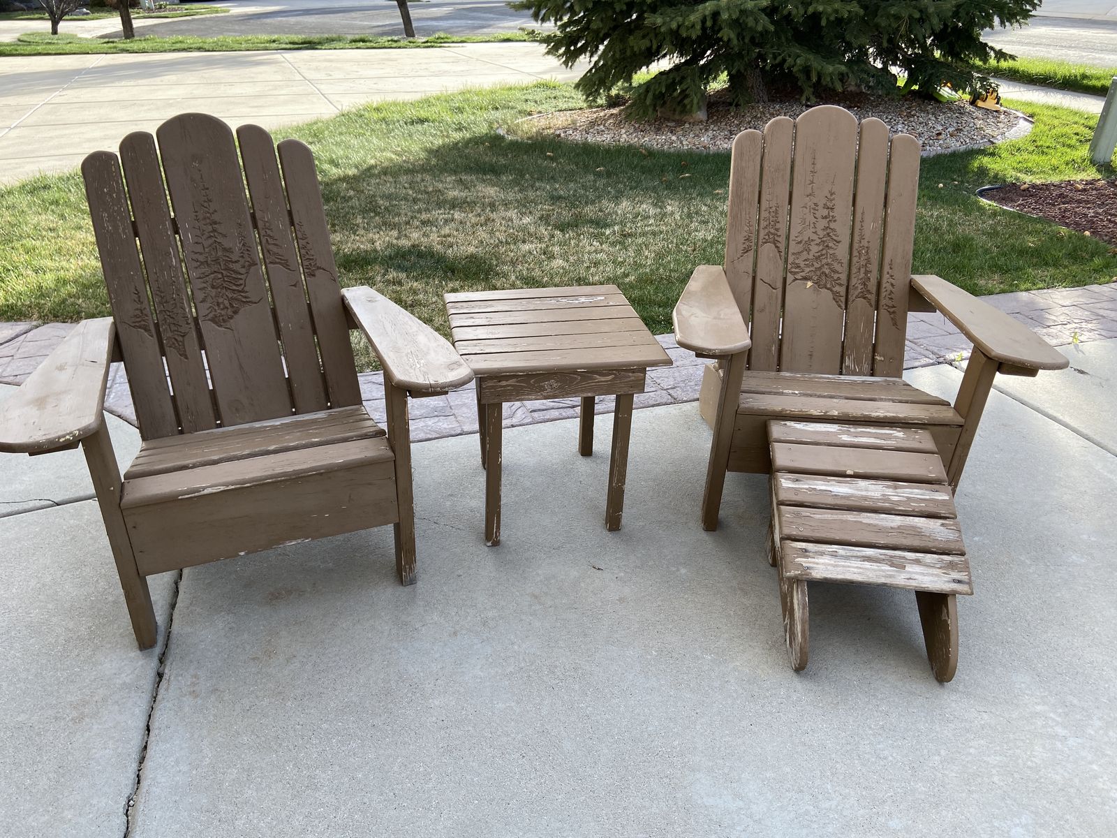 Two wood Adirondack Chairs with table & one leg rest