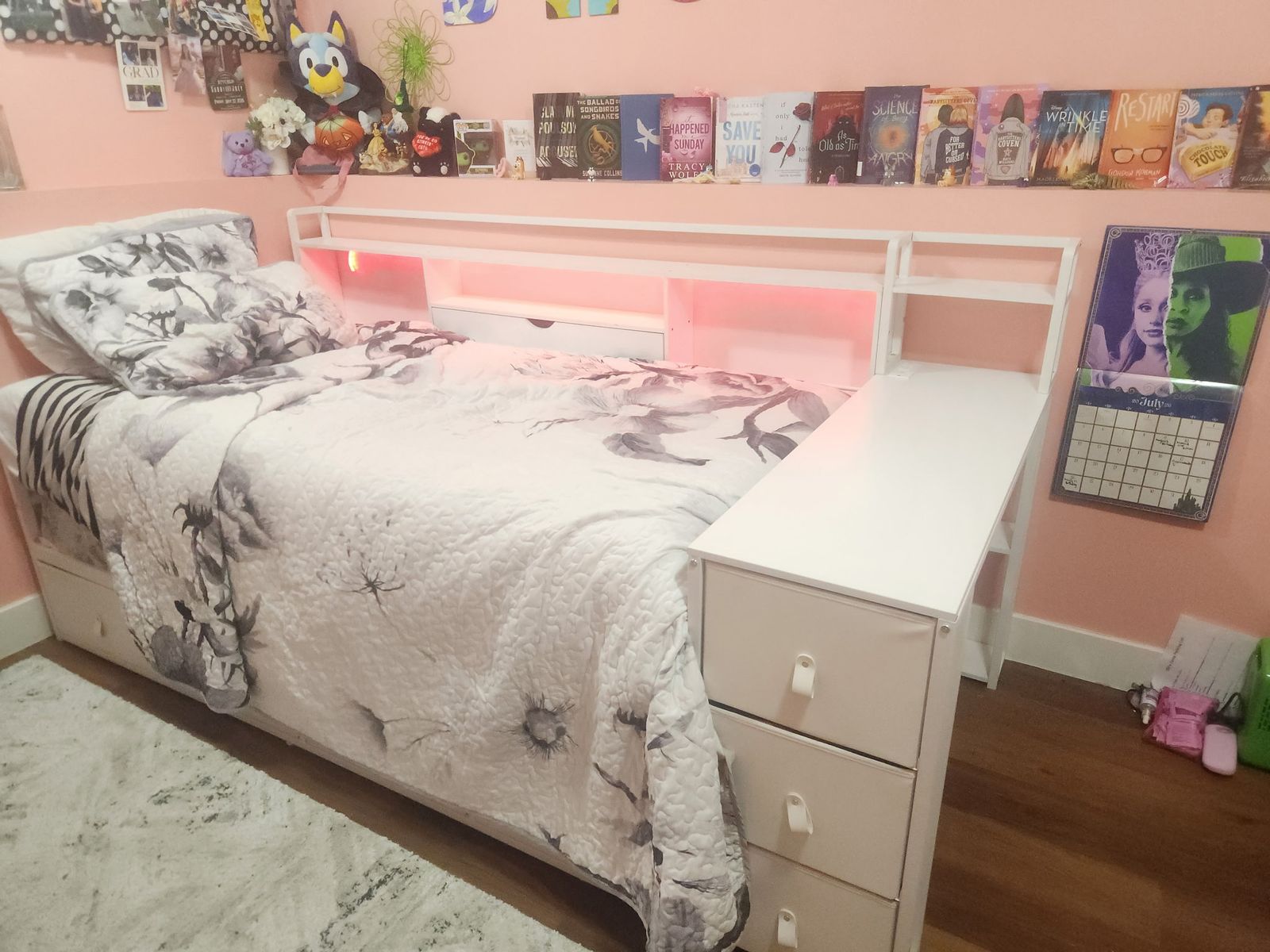 White Twin Daybed with Trundle and Storage - RGB LED Lights, Bookcase Headboard & Storage Towers