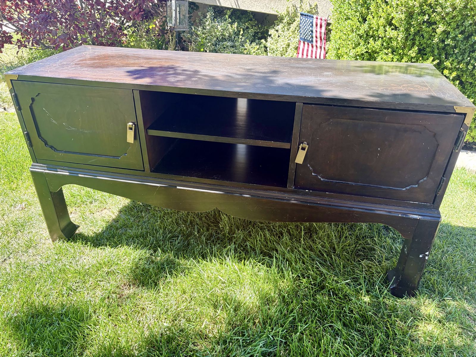 Free!!!! Vintage Dark Wood Console Cabinet Media Stand with Brass Accents & Storage Shelves