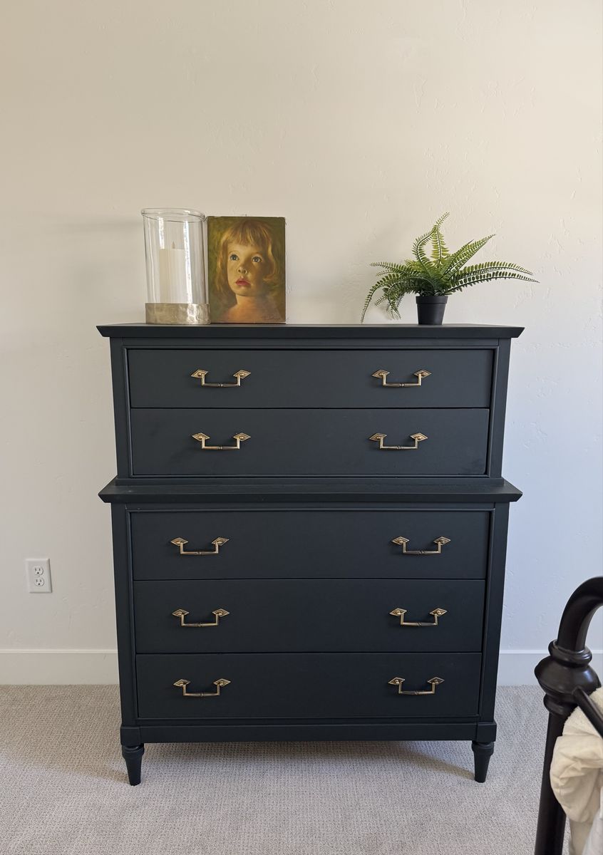 Beautiful | Authentic | Vintage | Mid Century Modern | MCM | Dresser | Chest of Drawers | Tall Boy | Black | Original Aged Brass
