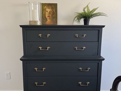 Beautiful | Authentic | Vintage | Mid Century Modern | MCM | Dresser | Chest of Drawers | Tall Boy | Black | Original Aged Brass