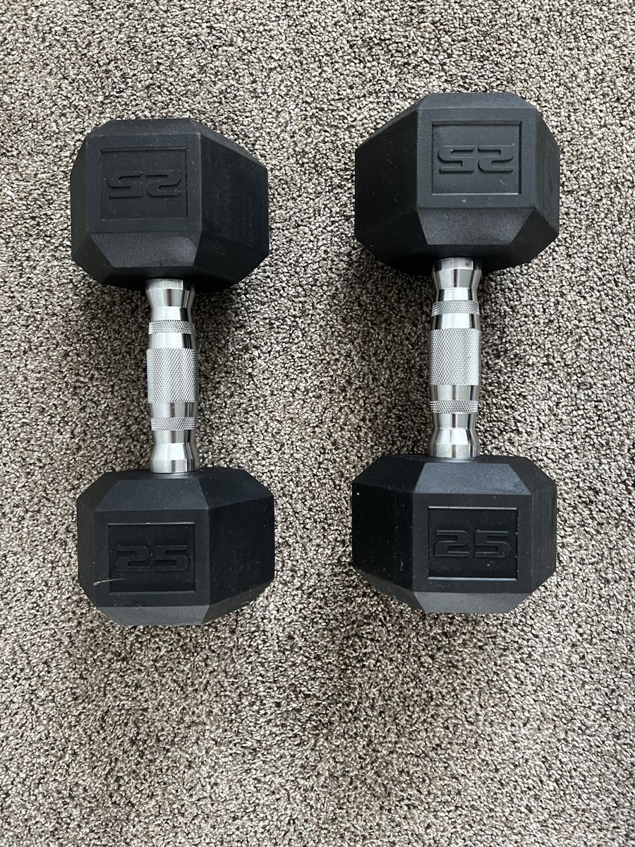 Pair of 25lb Hex Rubber Dumbbells - Home Gym Workout Weights 1$ per pound.