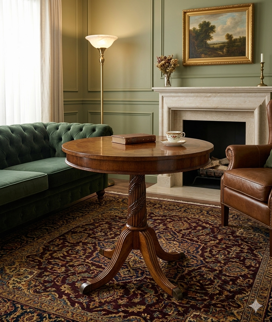 Round Pedestal Side Table - Carved Wood Base, Dark Cherry Finish - Elegant Accent Furniture