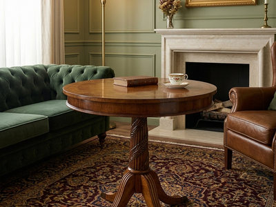 Round Pedestal Side Table - Carved Wood Base, Dark Cherry Finish - Elegant Accent Furniture