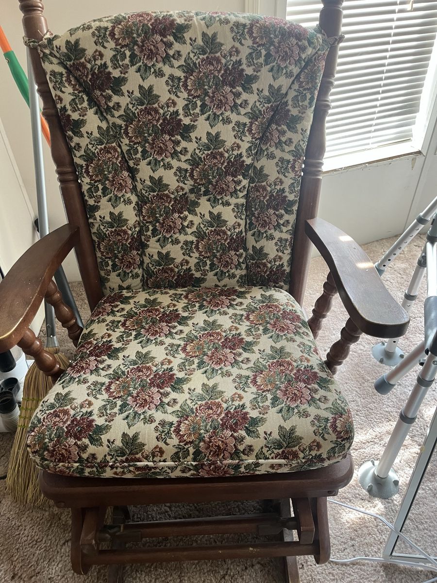 Vintage Wooden Glider Rocker Chair with Floral Tapestry Cushion
