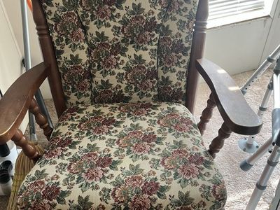 Vintage Wooden Glider Rocker Chair with Floral Tapestry Cushion