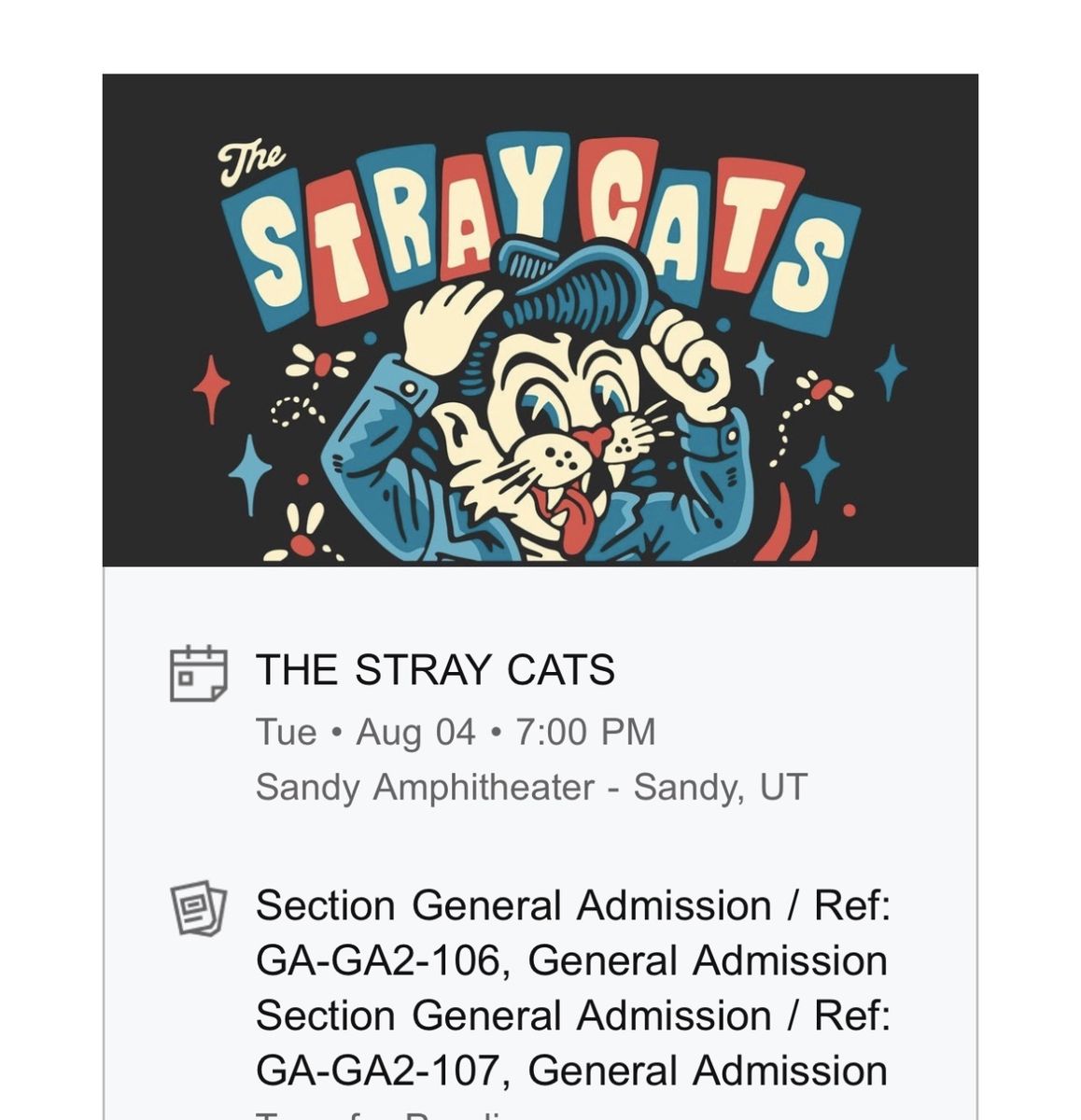 THE STRAYCATS STRAY CATS TICKETS Both for $40 Tonight Sandy amphitheater