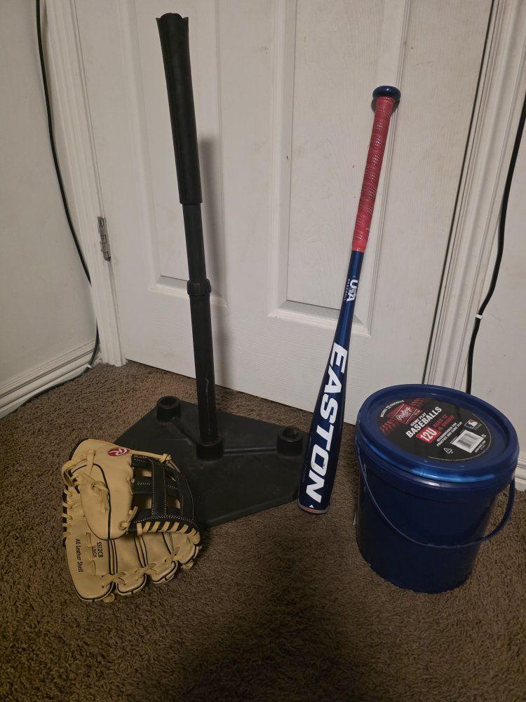 Youth Baseball Gear Bundle - Easton Bat, Rawlings Glove, Tee, and Bucket of 10 Baseballs