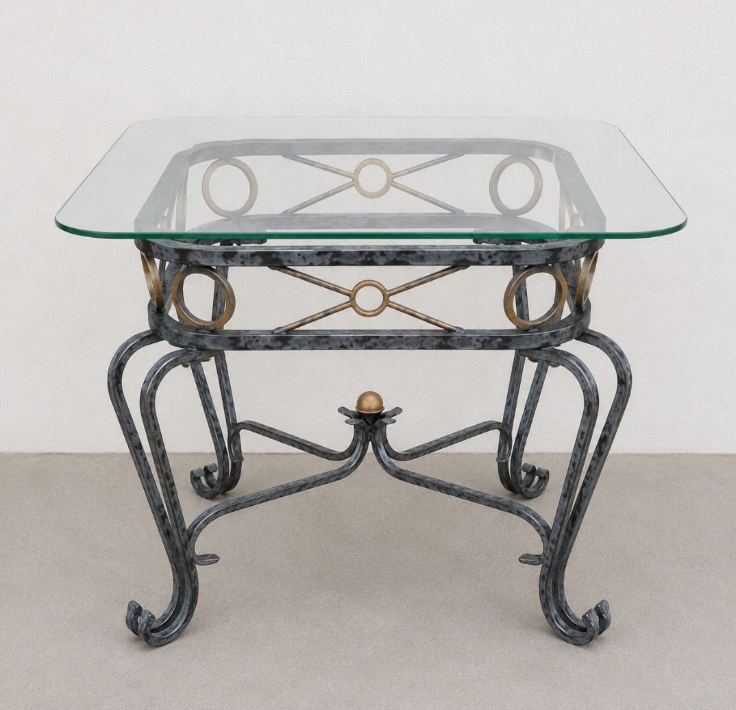 Glass Top Square Accent Table – Wrought Iron Base  Beautiful square glass-top accent table