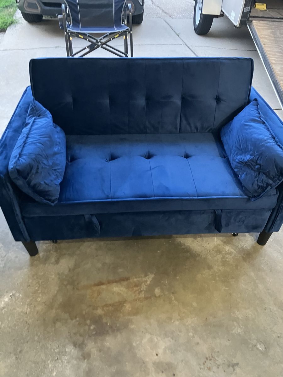Blue Velvet Convertible Pull-Out Sleeper Loveseat Sofa with Pillows