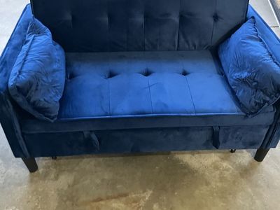Blue Velvet Convertible Pull-Out Sleeper Loveseat Sofa with Pillows