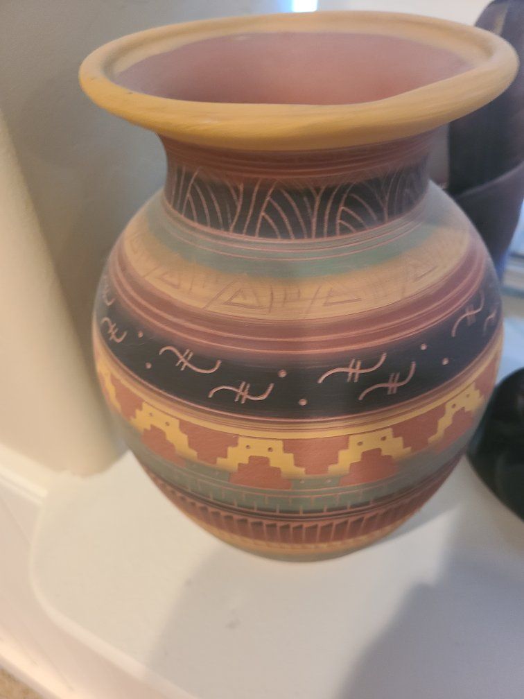 Handmade Navajo Pottery Vase by D. Long - Southwest Geometric Design, Terracotta