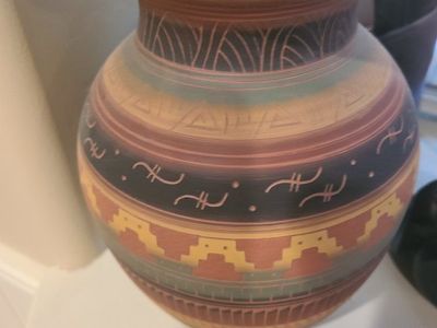 Handmade Navajo Pottery Vase by D. Long - Southwest Geometric Design, Terracotta