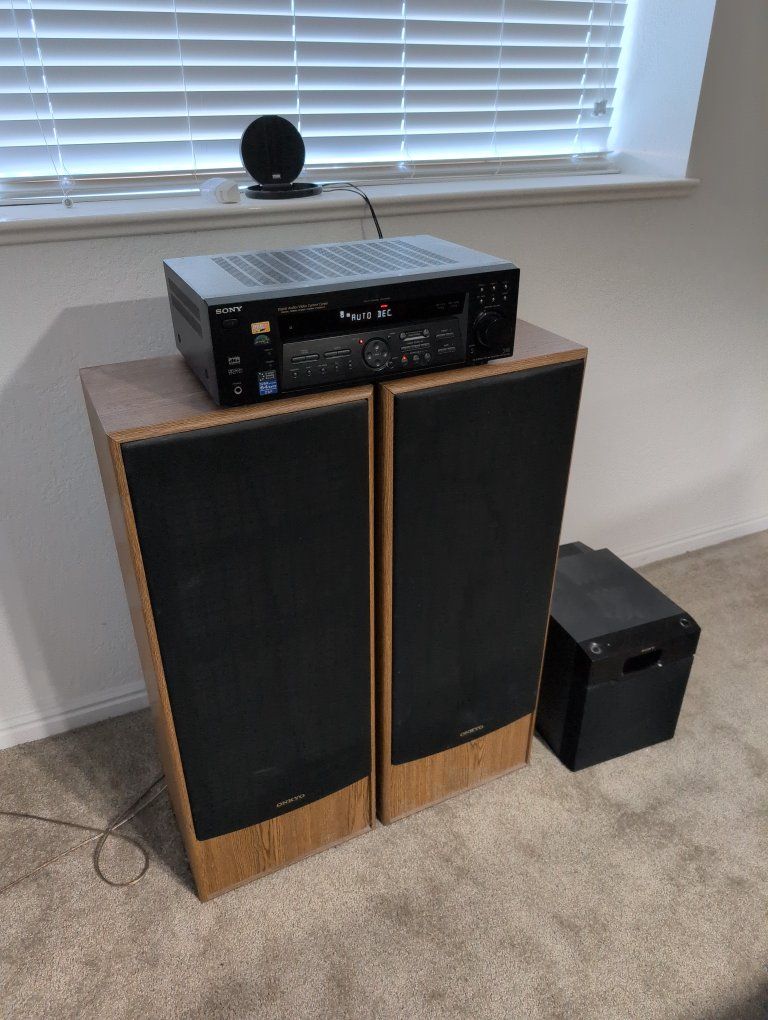Sony STR-DE485, 2 Onkyo Speakers, and Sony Subwoofer