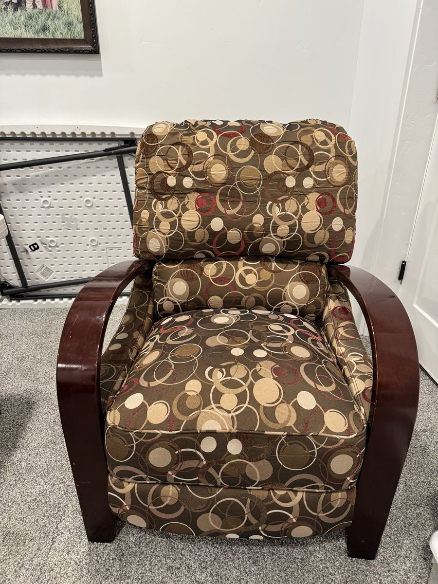Patterned Fabric Reclining Armchair with Wooden Arms