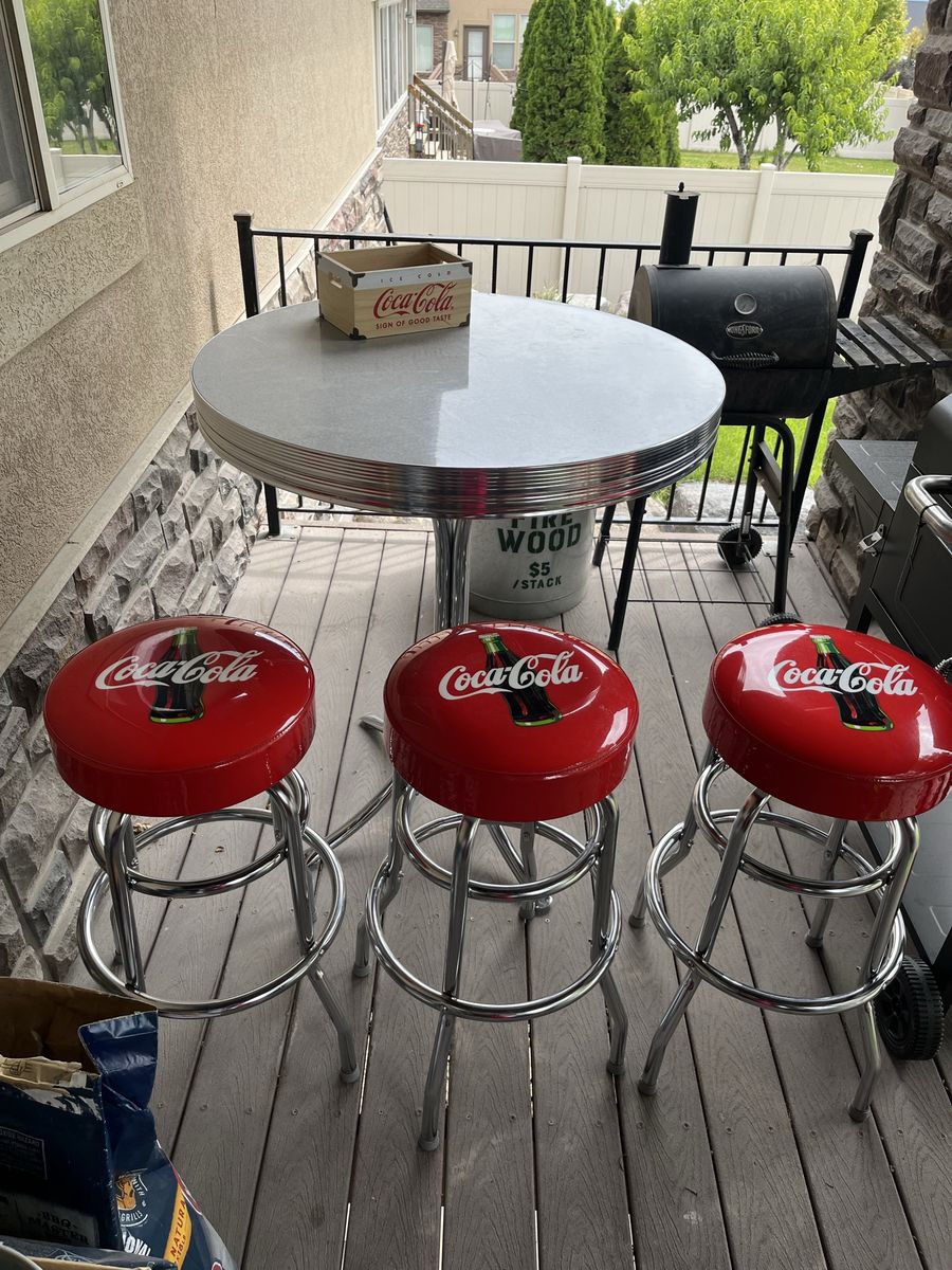 Coca-Cola Diner Style Bar Table and 3 Stools Set - Retro Chrome & Red Seating