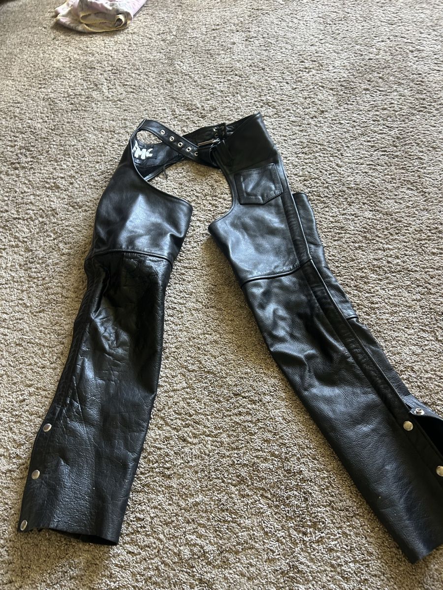 Unbranded Black Leather Motorcycle Chaps - Adjustable Waist, Snap Closure, Pocket