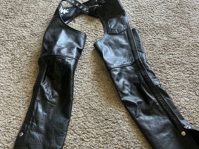 Unbranded Black Leather Motorcycle Chaps - Adjustable Waist, Snap Closure, Pocket