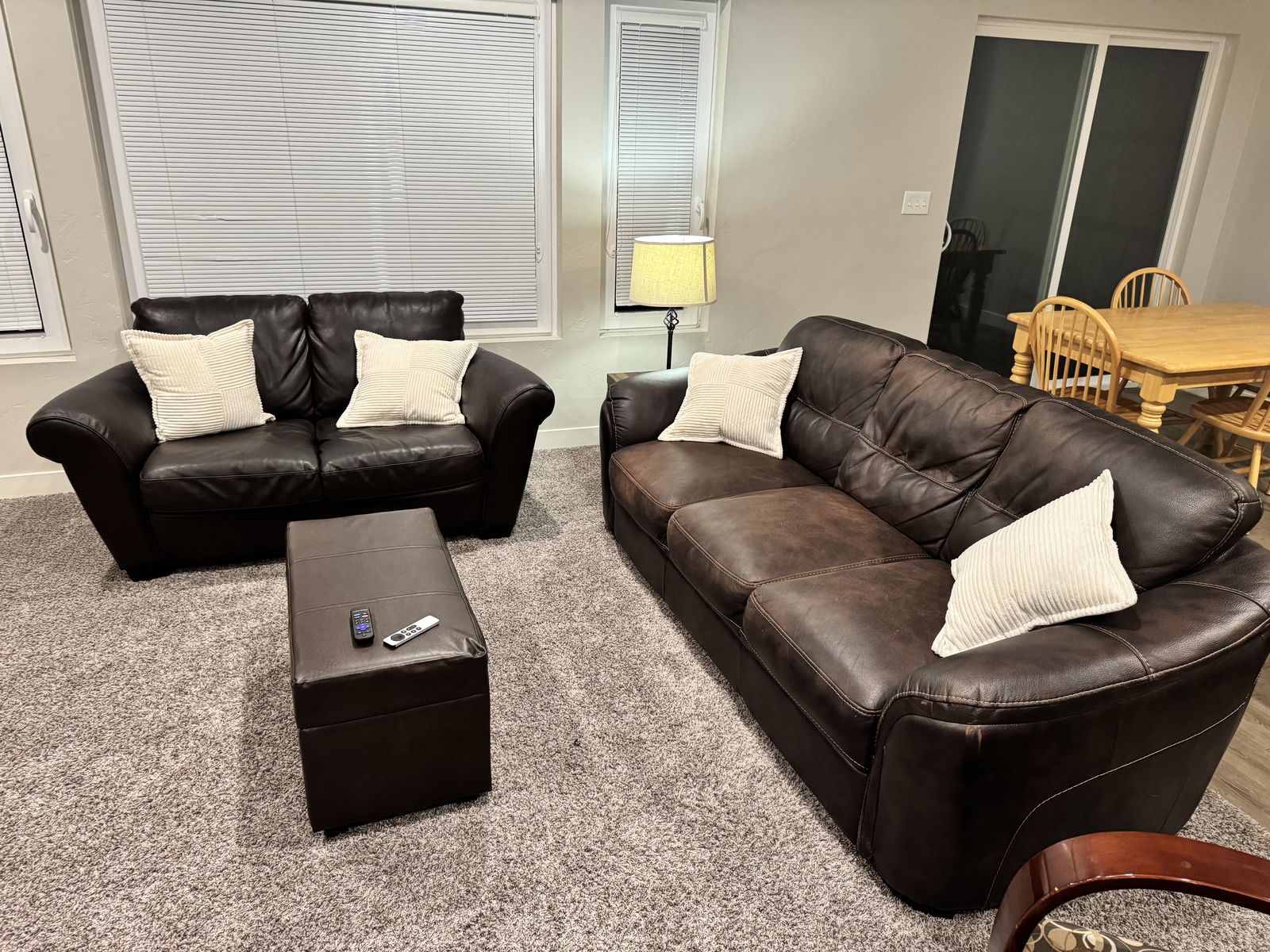Brown Leather Couch + Loveseat + Ottoman