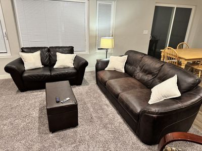 Brown Leather Couch + Loveseat + Ottoman