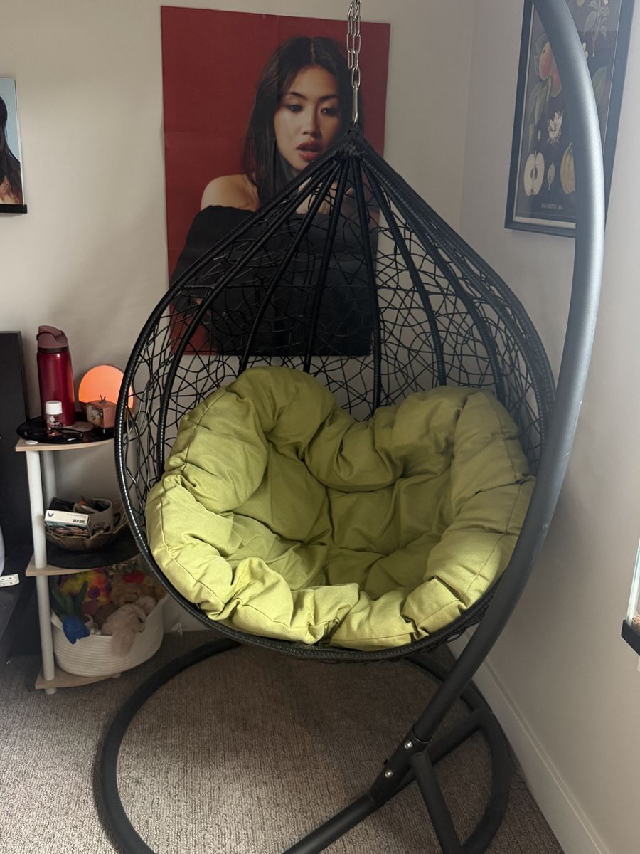 Unbranded Black Wicker Hanging Egg Chair with Green Cushion - Indoor/Outdoor Swing