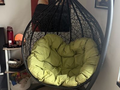 Unbranded Black Wicker Hanging Egg Chair with Green Cushion - Indoor/Outdoor Swing
