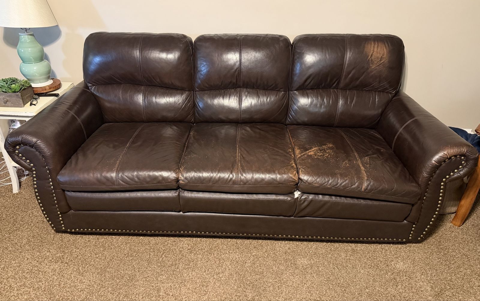 Dark Brown Leather Living Room Sofa and Loveseat Set with Nailhead Trim
