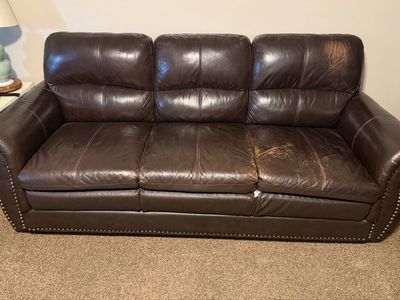 Dark Brown Leather Living Room Sofa and Loveseat Set with Nailhead Trim