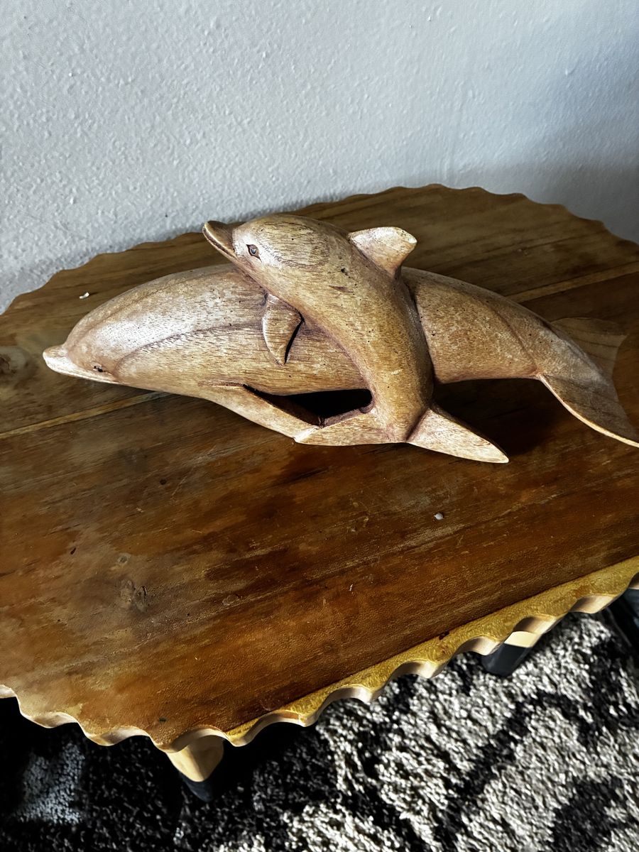 Vintage one of a kind Hand-Carved Wooden Dolphin and calf  Sculpture  dolphin lovers !