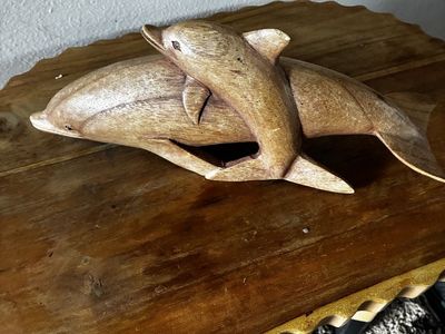 Vintage one of a kind Hand-Carved Wooden Dolphin and calf Sculpture dolphin lovers !