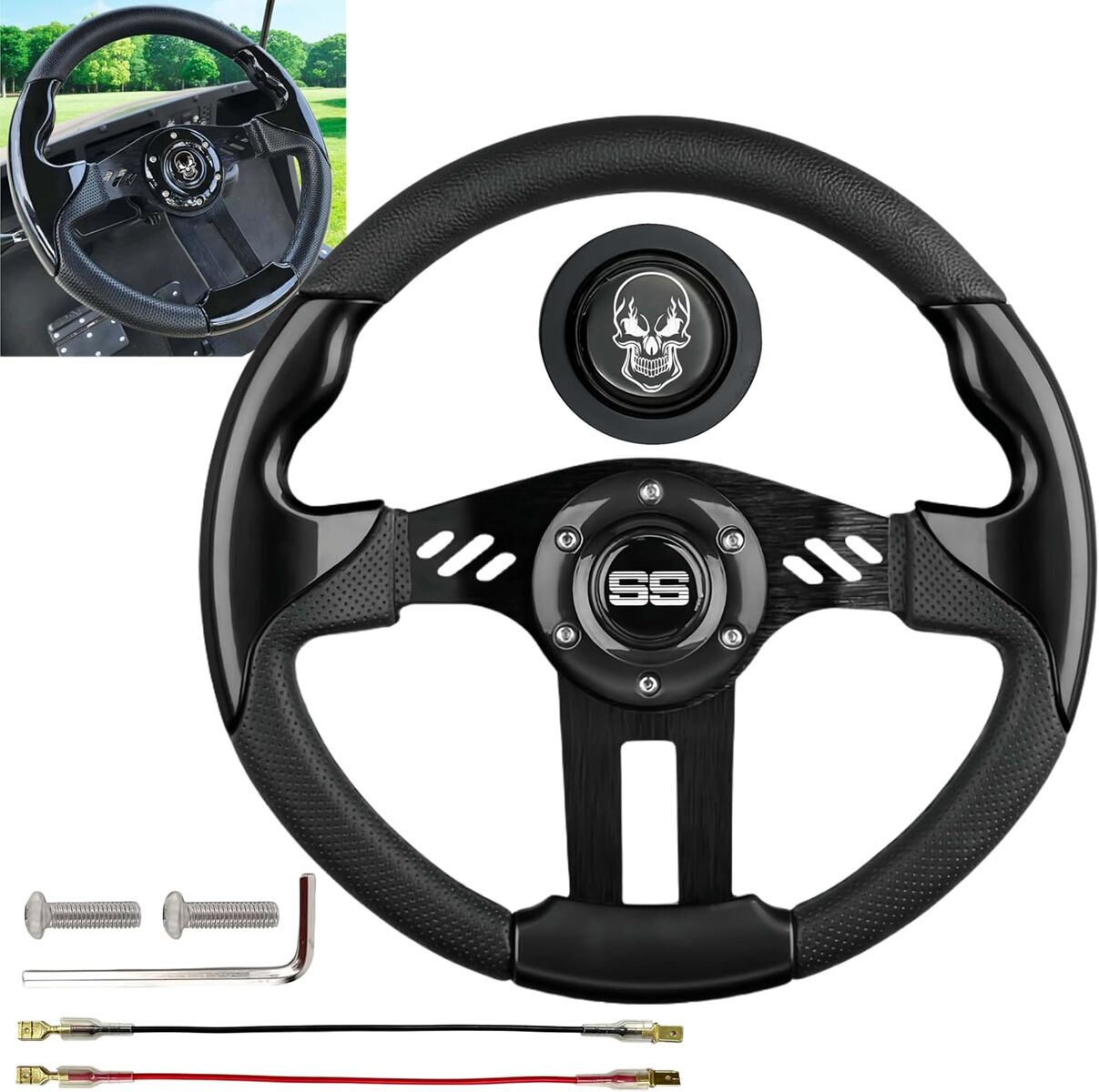Golf Cart Steering Wheel - With Horn Button (2025 Upgrade) Fit EZGO, Club Car, Yamaha Golf Carts Premium Grip Leather