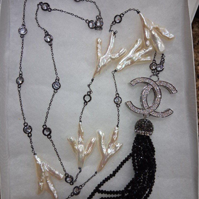 Chanel Pave Diamond, Baroque Pearl Tassel Necklace