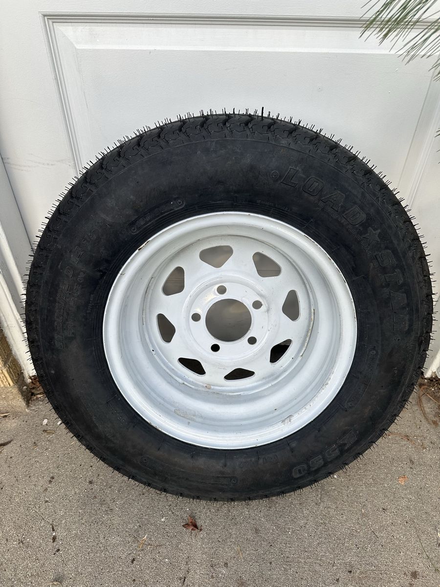 Unused Loadstar 14" Trailer Tire & White Spoke Wheel (ST205/75D14) - Never Mounted