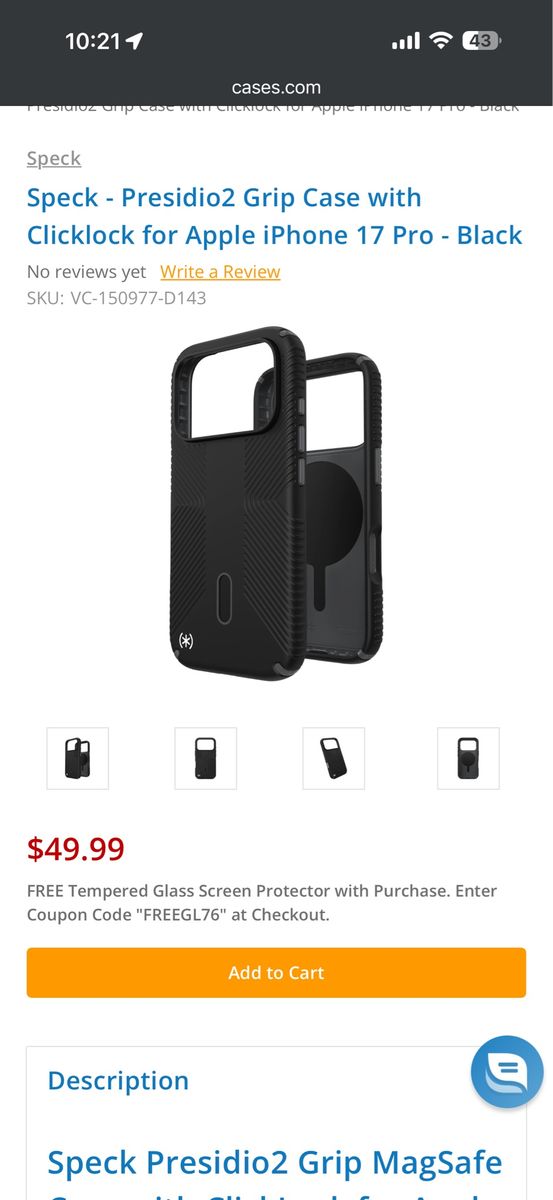 Speck Presidio2 Grip Case with Clicklock for Apple iPhone 17 Pro - Black