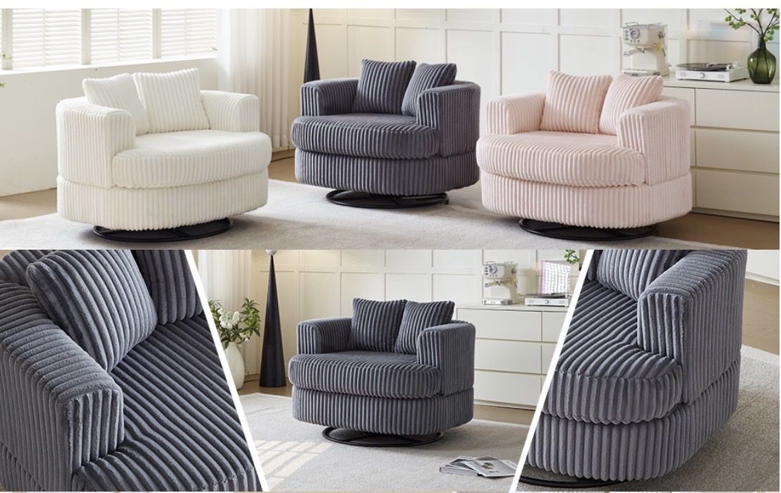 Pink Oversized Swivel Accent Round Chair - 37.7" Wide, Corduroy Fabric, 360° Swivel Base