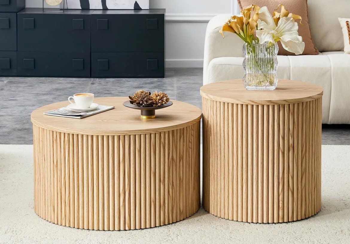 Modern Fluted Wood Round Coffee Table Set - 2pc Nesting Side Tables