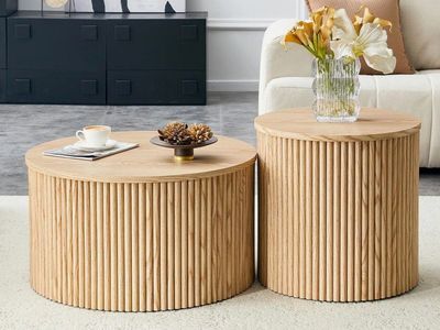 Modern Fluted Wood Round Coffee Table Set - 2pc Nesting Side Tables